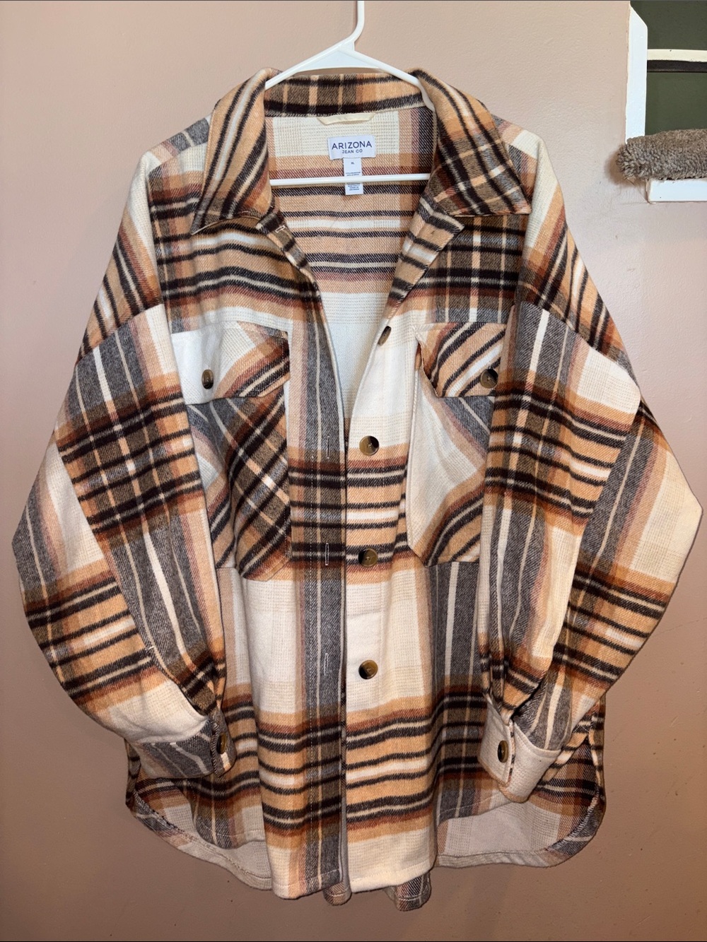 Arizona Jean Company Women's Cream, Brown & Gray Plaid Shacket